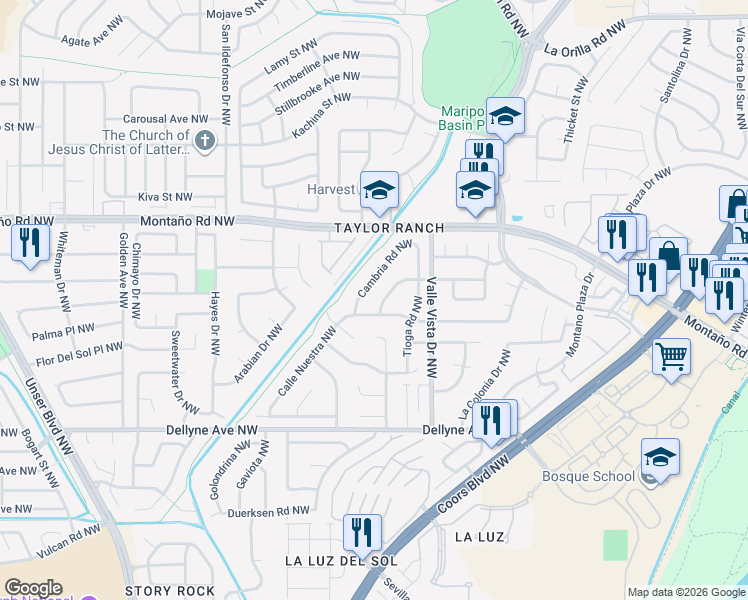 map of restaurants, bars, coffee shops, grocery stores, and more near 5305 College Heights Drive Northwest in Albuquerque