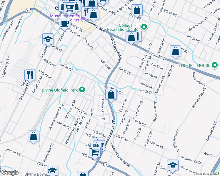 map of restaurants, bars, coffee shops, grocery stores, and more near 633 9th Street Southeast in Cleveland