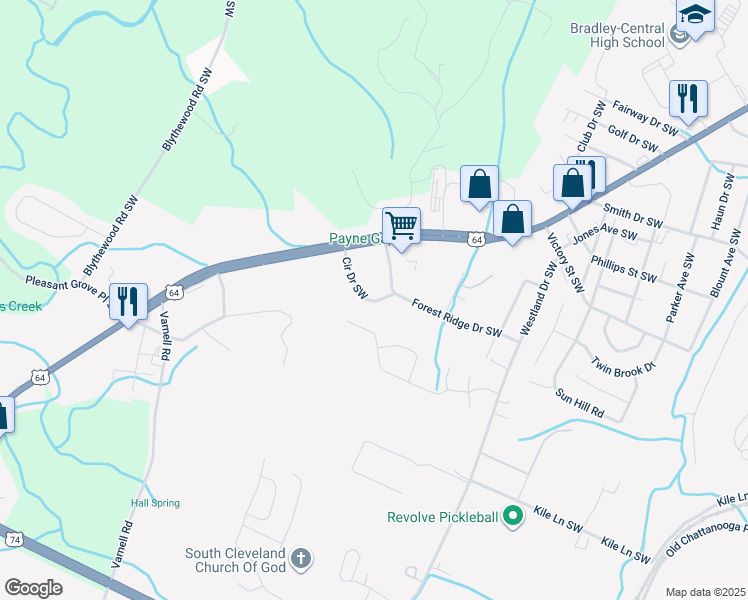 map of restaurants, bars, coffee shops, grocery stores, and more near 1923 Southwest Forest Circle Drive in Cleveland