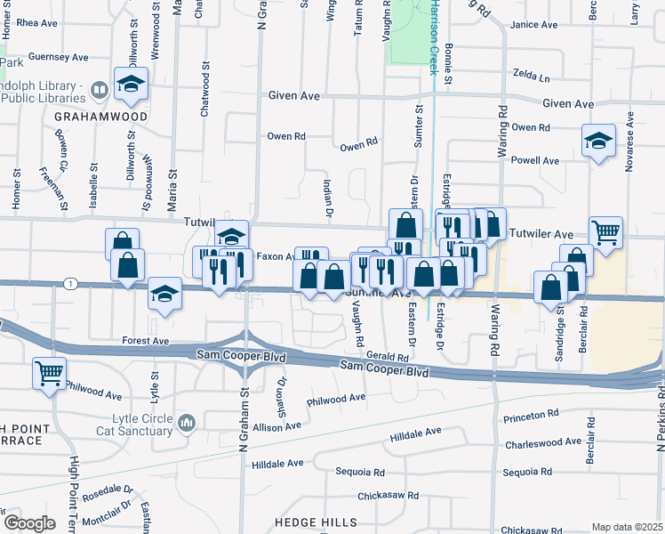 map of restaurants, bars, coffee shops, grocery stores, and more near 4112 Summer Avenue in Memphis