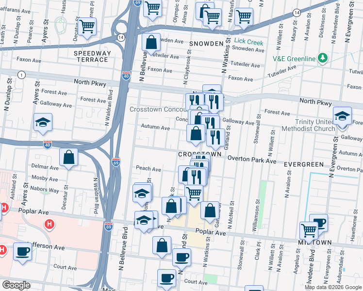 map of restaurants, bars, coffee shops, grocery stores, and more near 1317 Overton Park Avenue in Memphis
