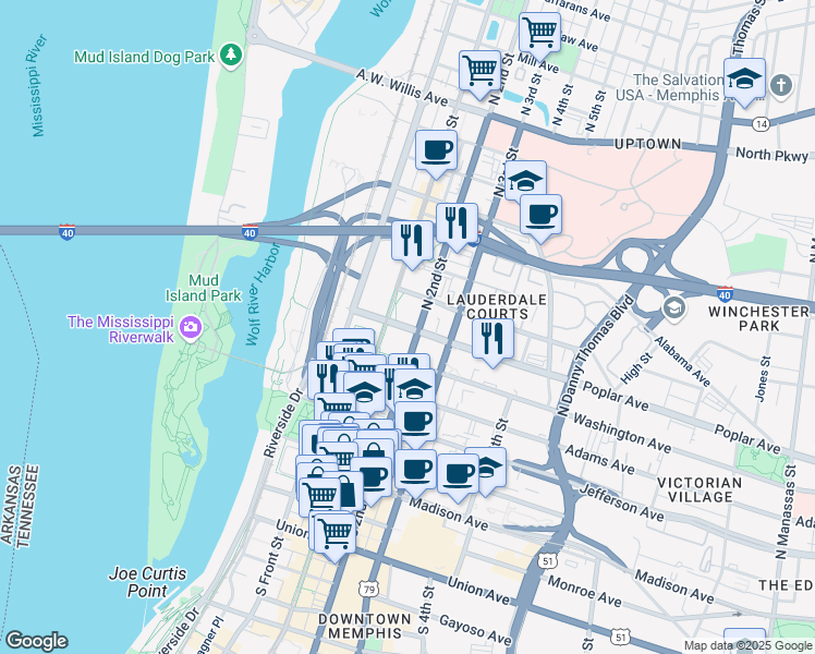 map of restaurants, bars, coffee shops, grocery stores, and more near in Memphis
