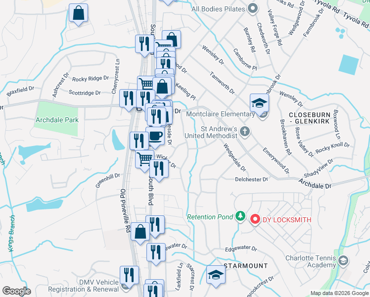 map of restaurants, bars, coffee shops, grocery stores, and more near 1420 Springwood Lane in Charlotte