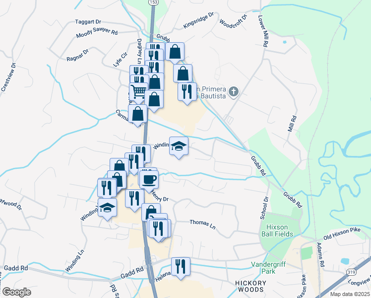 map of restaurants, bars, coffee shops, grocery stores, and more near 5934 Winding Lane in Chattanooga