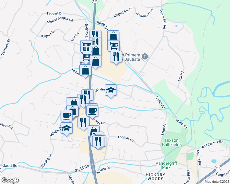 map of restaurants, bars, coffee shops, grocery stores, and more near 5934 Winding Lane in Chattanooga