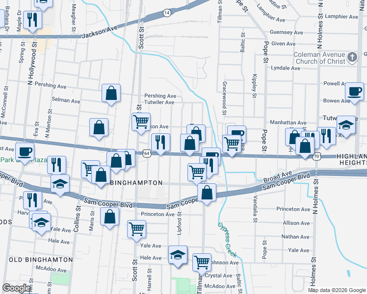 map of restaurants, bars, coffee shops, grocery stores, and more near 2966 Summer Avenue in Memphis