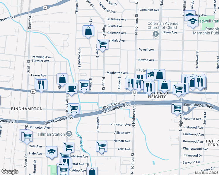 map of restaurants, bars, coffee shops, grocery stores, and more near 653 Hillcrest Street in Memphis