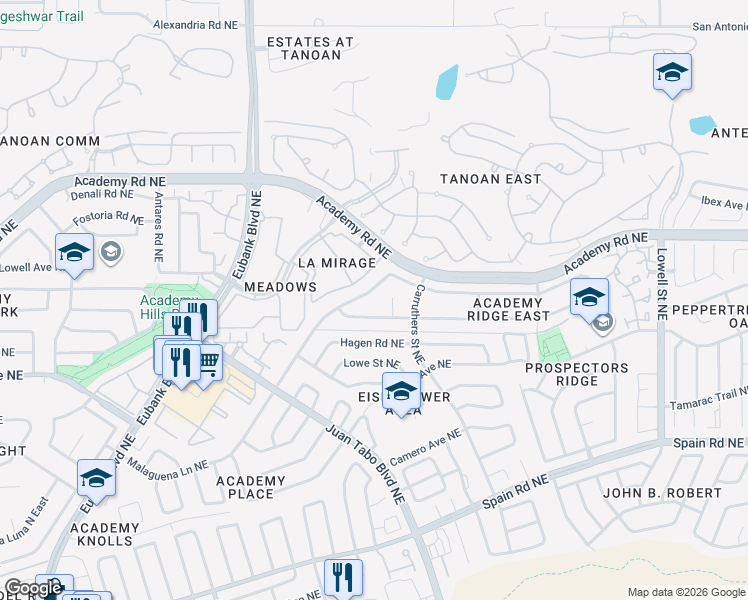 map of restaurants, bars, coffee shops, grocery stores, and more near 10805 Academy Ridge Road Northeast in Albuquerque