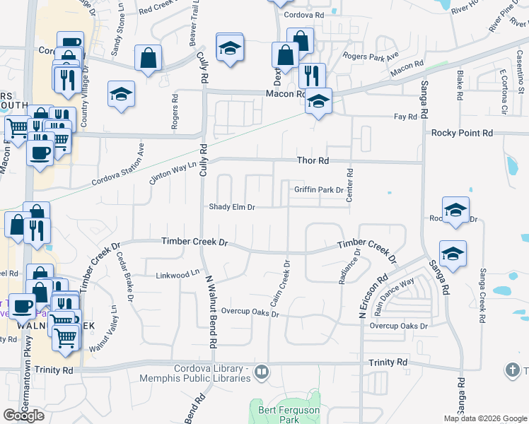 map of restaurants, bars, coffee shops, grocery stores, and more near 8451 Shady Elm Drive in Memphis