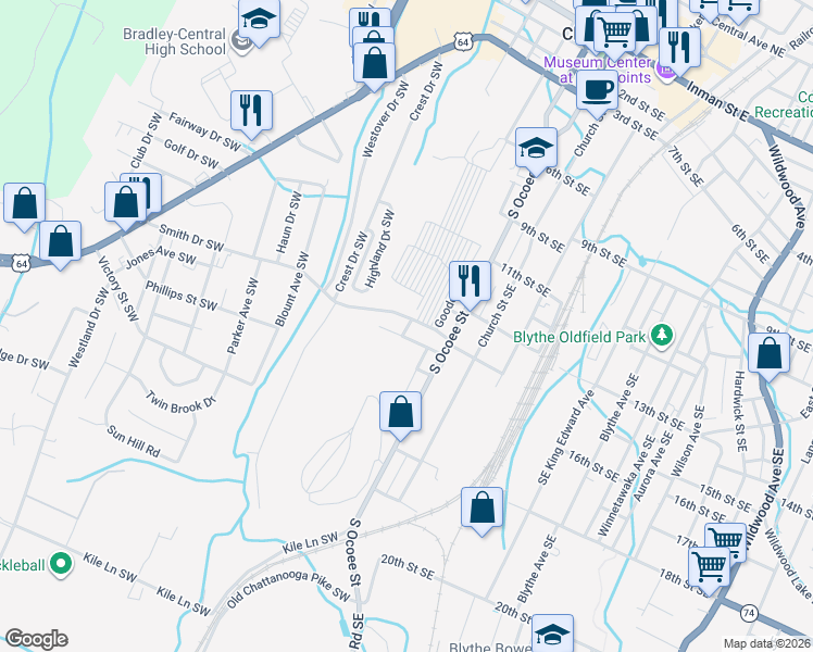 map of restaurants, bars, coffee shops, grocery stores, and more near 113 15th Street Southwest in Cleveland