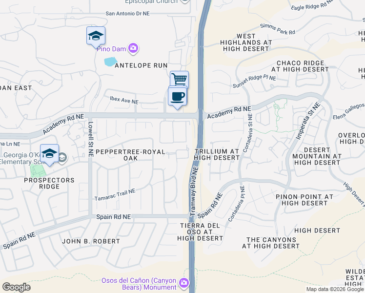 map of restaurants, bars, coffee shops, grocery stores, and more near 99999 McKay Way Northeast in Albuquerque