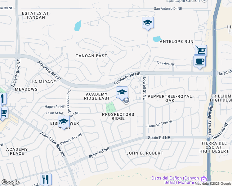 map of restaurants, bars, coffee shops, grocery stores, and more near 11400 Academy Ridge Road Northeast in Albuquerque