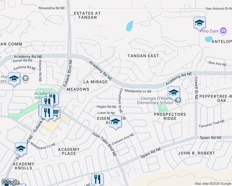 map of restaurants, bars, coffee shops, grocery stores, and more near 10913 Academy Ridge Road Northeast in Albuquerque