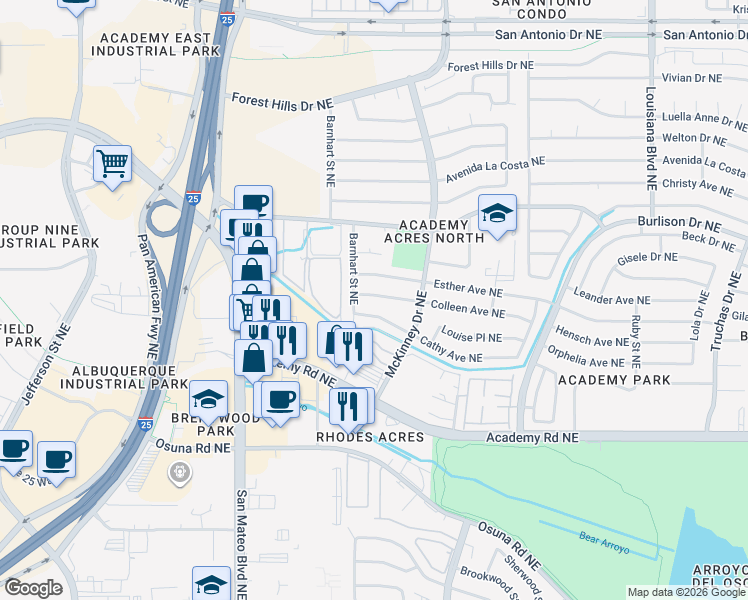 map of restaurants, bars, coffee shops, grocery stores, and more near 6308 Cathy Avenue Northeast in Albuquerque
