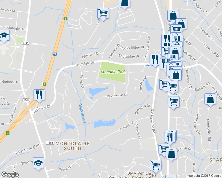 map of restaurants, bars, coffee shops, grocery stores, and more near 5015 Cherrycrest Lane in Charlotte
