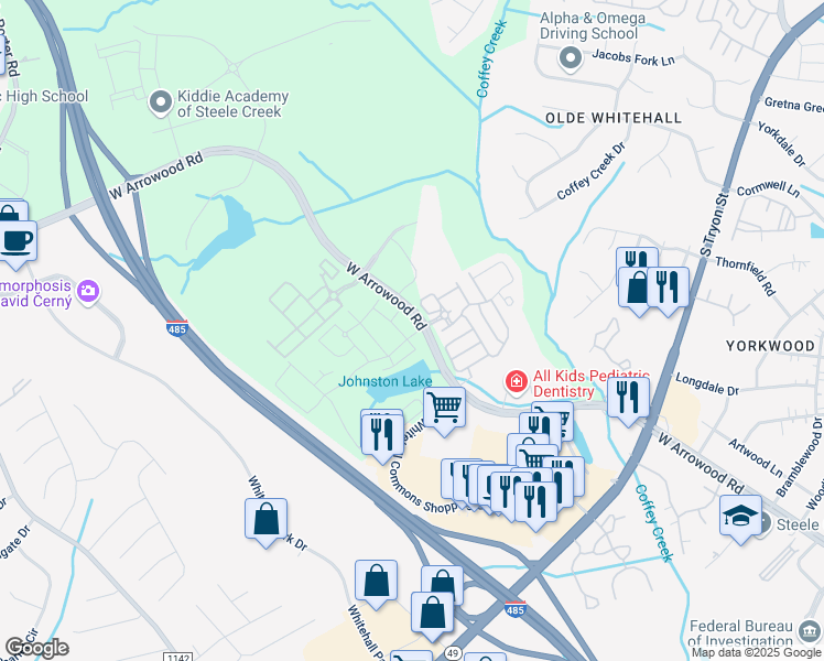 map of restaurants, bars, coffee shops, grocery stores, and more near 2919 West Arrowood Road in Charlotte