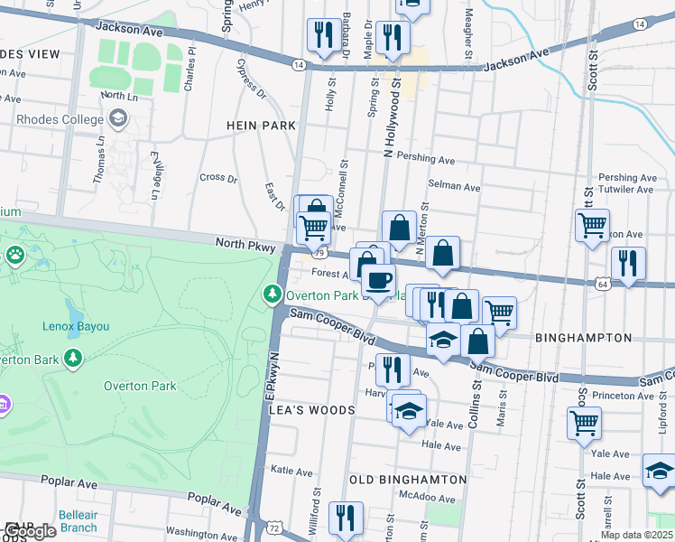 map of restaurants, bars, coffee shops, grocery stores, and more near 2406 Parkway Place in Memphis