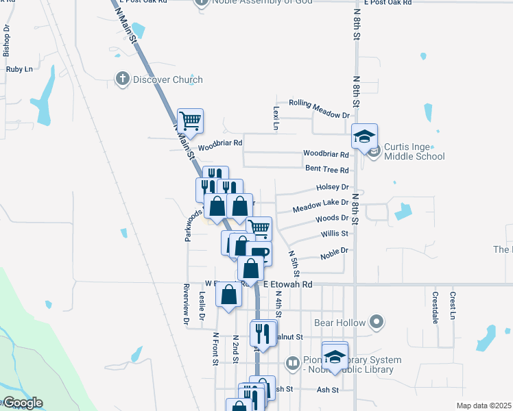 map of restaurants, bars, coffee shops, grocery stores, and more near 911 Aspen Court in Noble