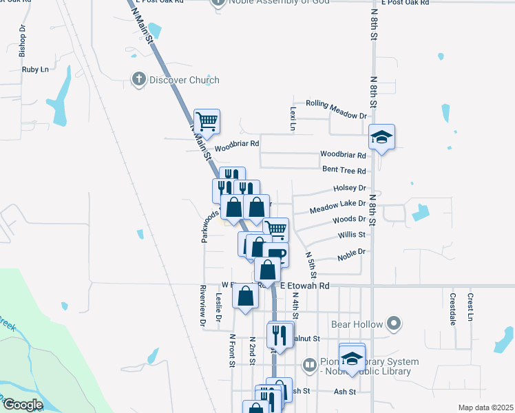 map of restaurants, bars, coffee shops, grocery stores, and more near 911 Aspen Court in Noble