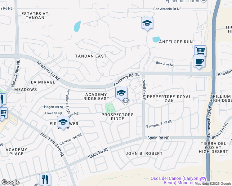 map of restaurants, bars, coffee shops, grocery stores, and more near 11400 Academy Ridge Road Northeast in Albuquerque