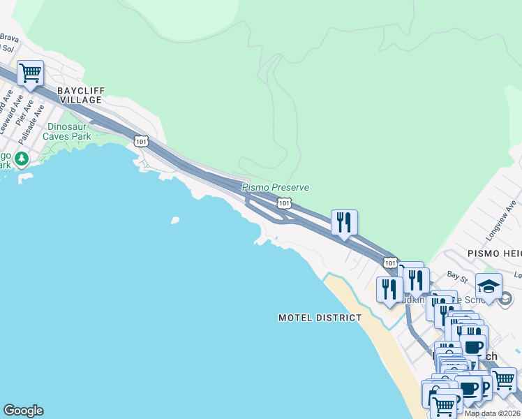 map of restaurants, bars, coffee shops, grocery stores, and more near 1020 Price Street in Pismo Beach