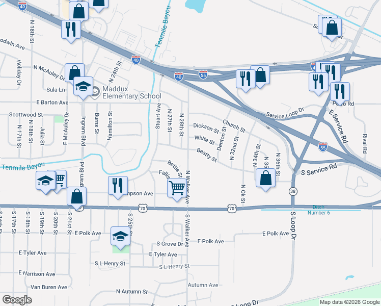 map of restaurants, bars, coffee shops, grocery stores, and more near 2909 Beatty Street in West Memphis