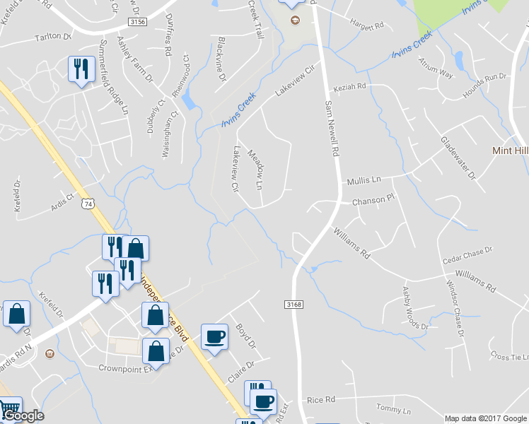 map of restaurants, bars, coffee shops, grocery stores, and more near 2501 Lakeview Circle in Matthews