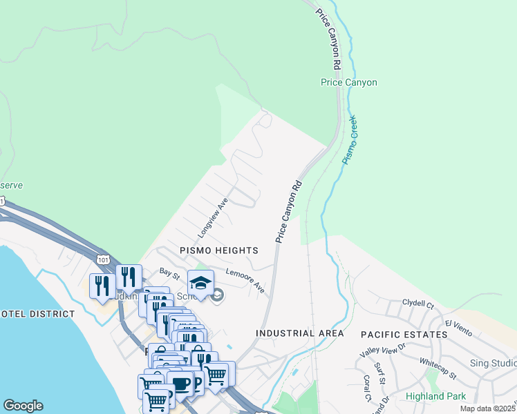 map of restaurants, bars, coffee shops, grocery stores, and more near 780 Tulare Street in Pismo Beach