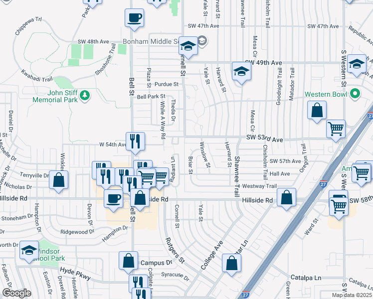 map of restaurants, bars, coffee shops, grocery stores, and more near 5325 Contented Lane in Amarillo