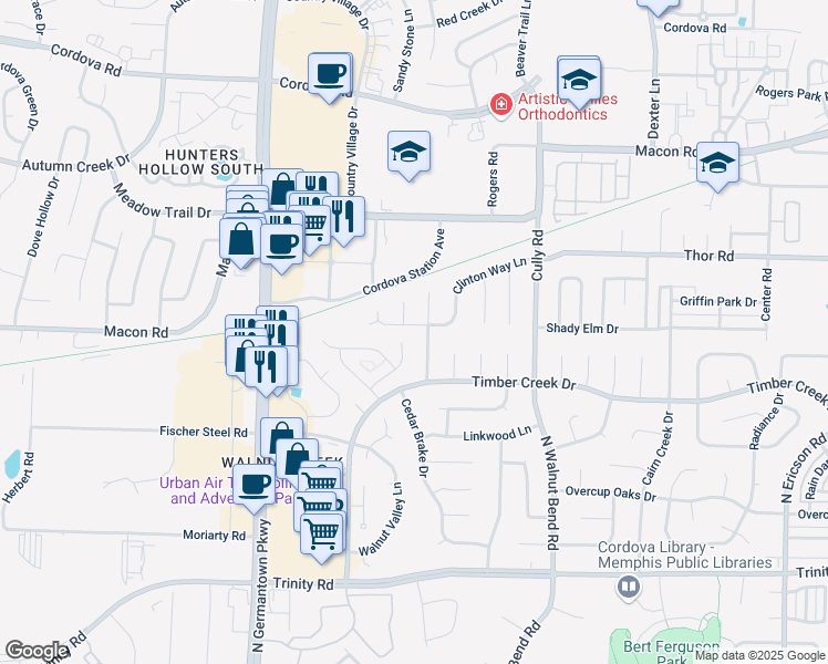 map of restaurants, bars, coffee shops, grocery stores, and more near 8209 Clinton Way Cove in Memphis