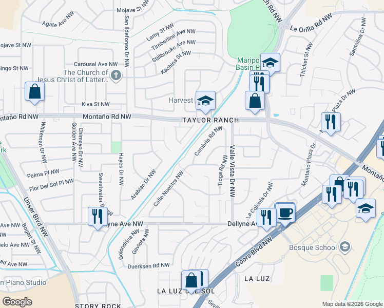 map of restaurants, bars, coffee shops, grocery stores, and more near 5305 College Heights Drive Northwest in Albuquerque