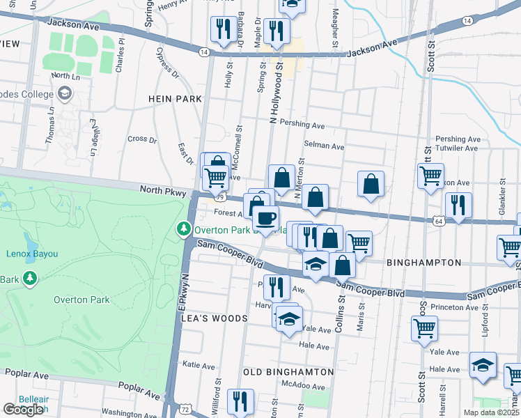 map of restaurants, bars, coffee shops, grocery stores, and more near 2445 Forest Avenue in Memphis