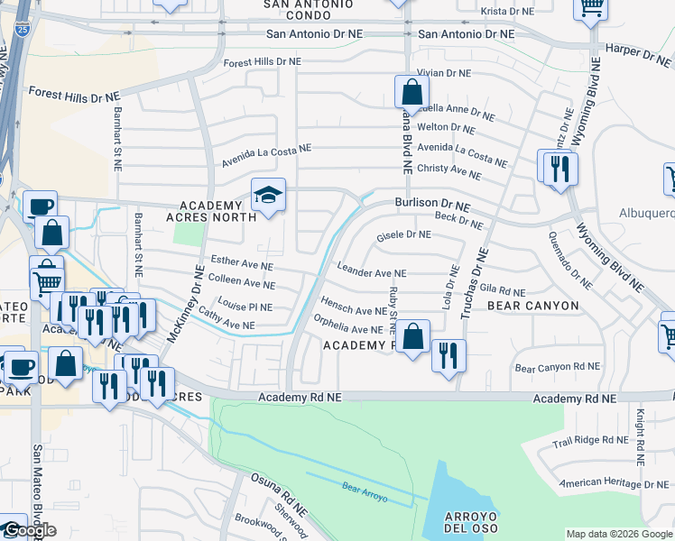 map of restaurants, bars, coffee shops, grocery stores, and more near 6612 Esther Avenue Northeast in Albuquerque