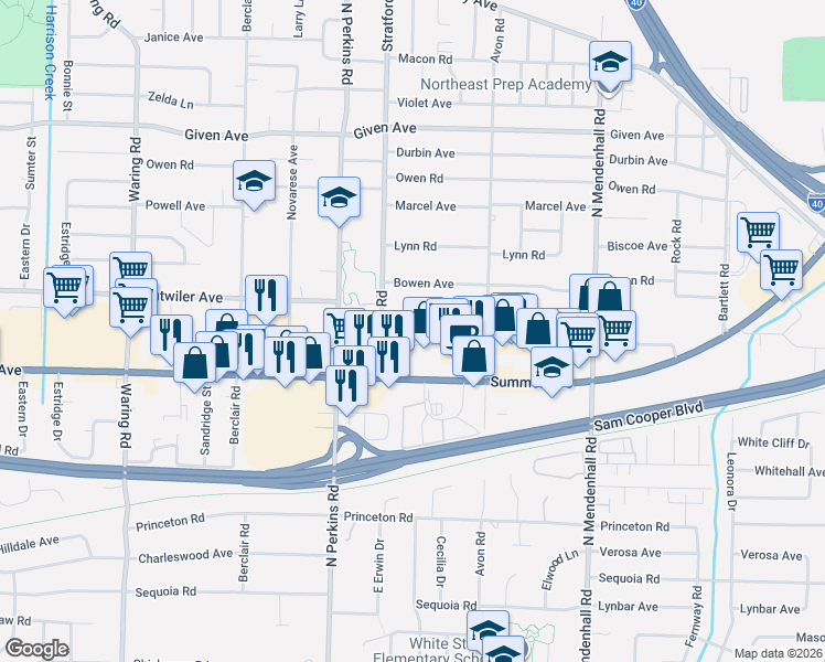 map of restaurants, bars, coffee shops, grocery stores, and more near 674 Stratford Road in Memphis