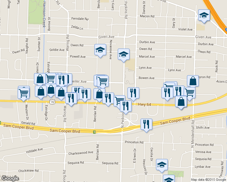 map of restaurants, bars, coffee shops, grocery stores, and more near 4566 Summer Avenue in Memphis