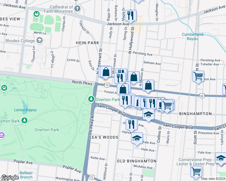 map of restaurants, bars, coffee shops, grocery stores, and more near 2406 Parkway Place in Memphis