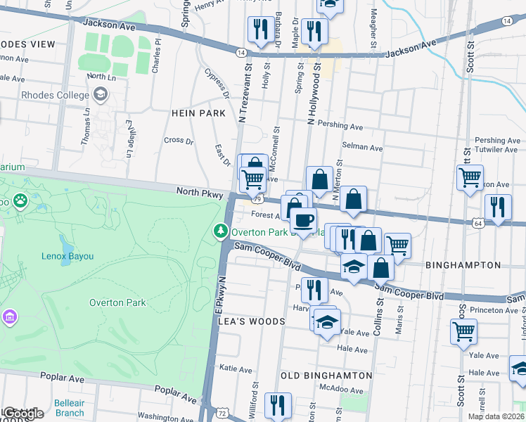 map of restaurants, bars, coffee shops, grocery stores, and more near 2406 Parkway Place in Memphis