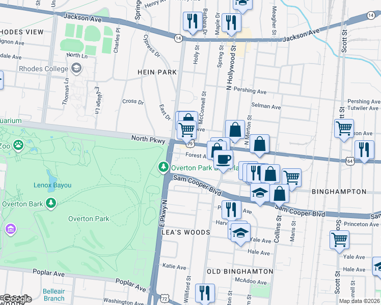 map of restaurants, bars, coffee shops, grocery stores, and more near 2406 Parkway Place in Memphis