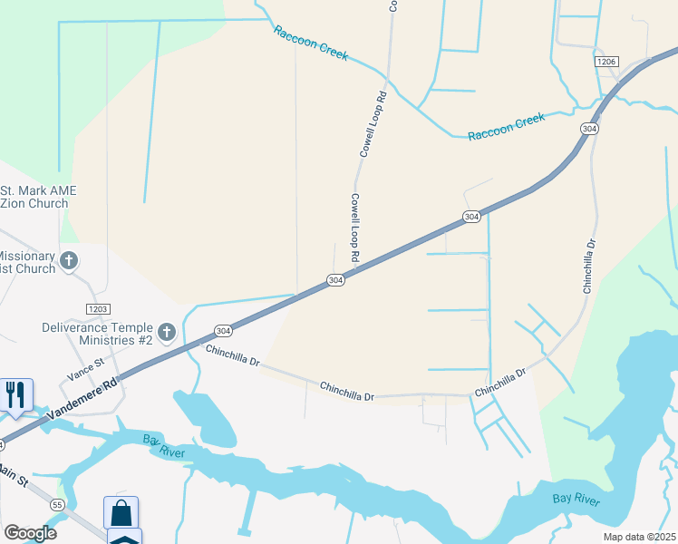 map of restaurants, bars, coffee shops, grocery stores, and more near 38-40 Highway 304 in Bayboro