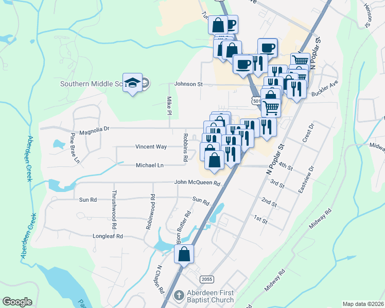 map of restaurants, bars, coffee shops, grocery stores, and more near 1206 Wilshire Circle in Aberdeen