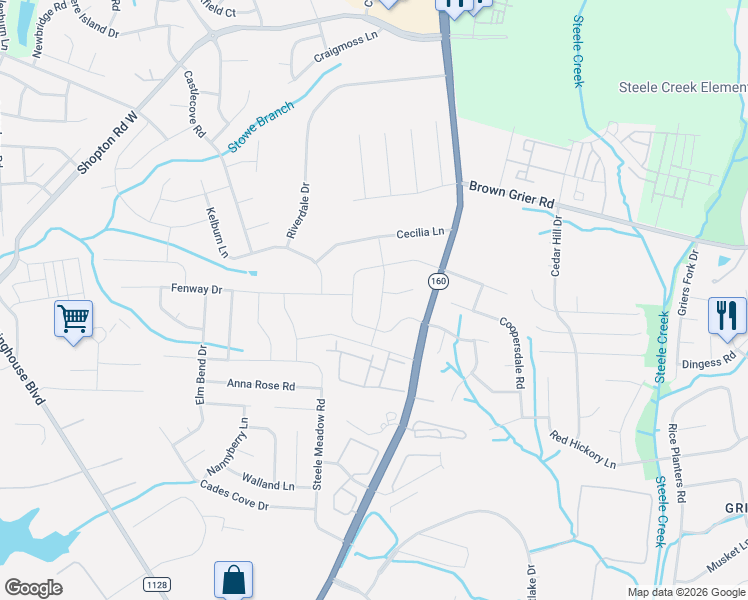 map of restaurants, bars, coffee shops, grocery stores, and more near 7206 Rupell Drive in Charlotte