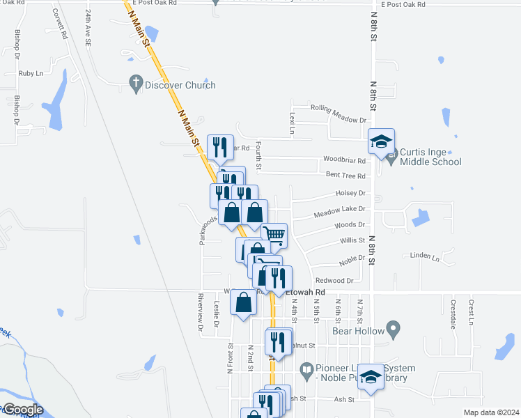 map of restaurants, bars, coffee shops, grocery stores, and more near Aspen Court in Noble