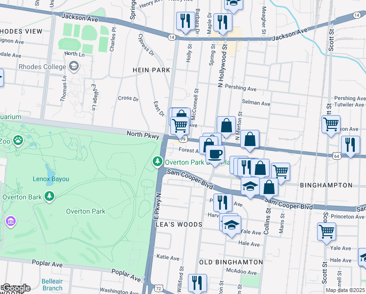 map of restaurants, bars, coffee shops, grocery stores, and more near 2406 Parkway Place in Memphis