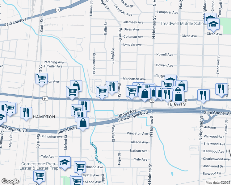 map of restaurants, bars, coffee shops, grocery stores, and more near 3133 Pacific Avenue in Memphis