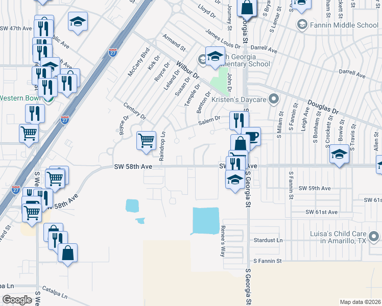 map of restaurants, bars, coffee shops, grocery stores, and more near 3007 Shores Court in Amarillo