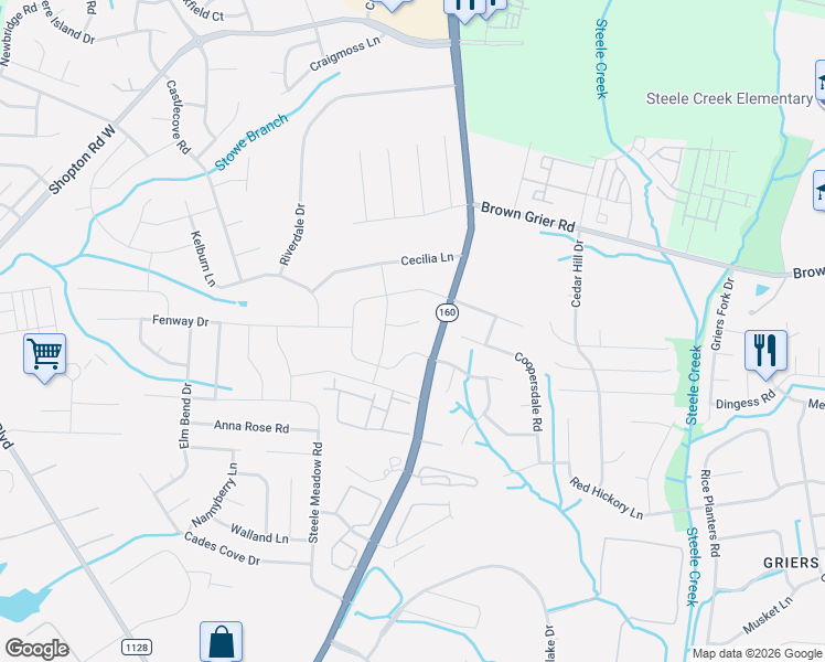 map of restaurants, bars, coffee shops, grocery stores, and more near 7310 Rupell Drive in Charlotte