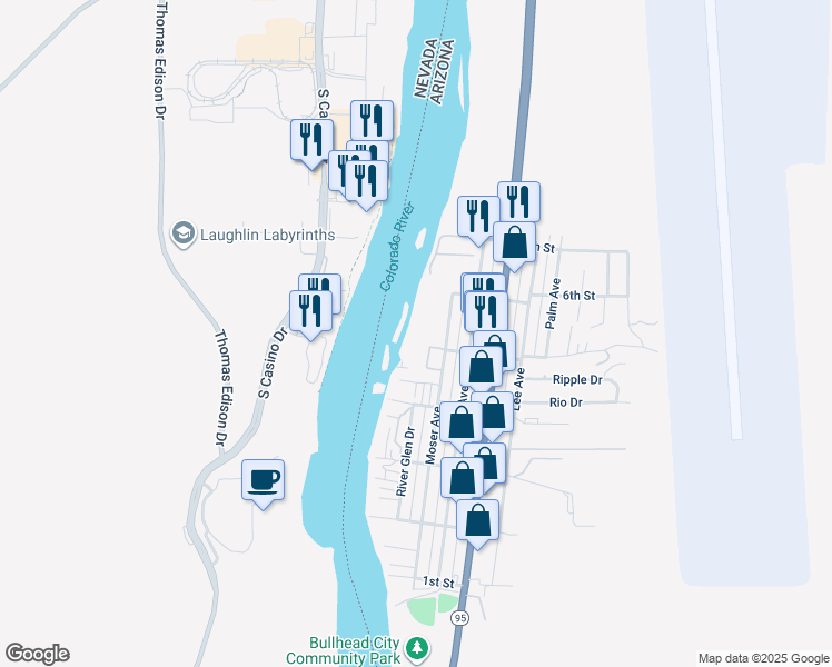 map of restaurants, bars, coffee shops, grocery stores, and more near 231 Moser Avenue in Bullhead City