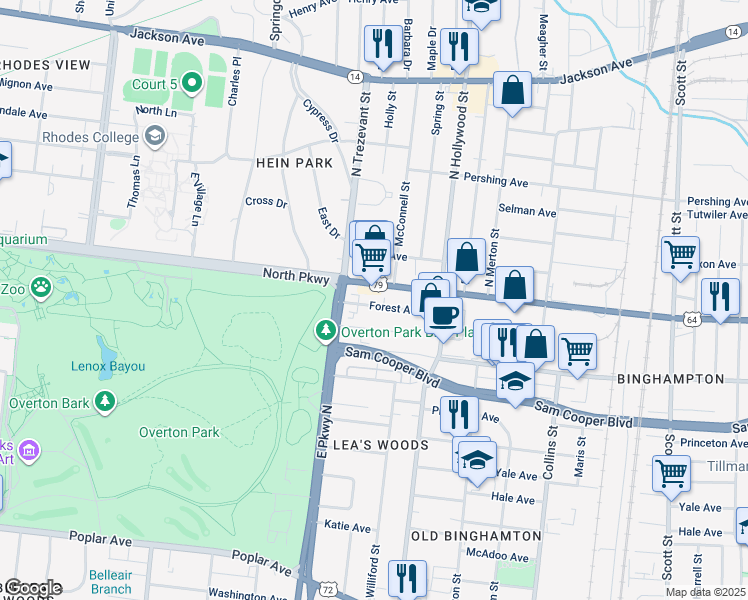map of restaurants, bars, coffee shops, grocery stores, and more near 2346 Summer Avenue in Memphis