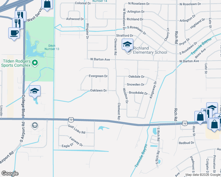 map of restaurants, bars, coffee shops, grocery stores, and more near 406 Clement Road in West Memphis