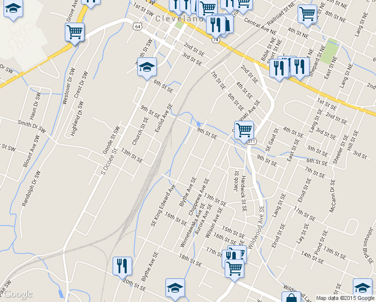 map of restaurants, bars, coffee shops, grocery stores, and more near 1090 Southeast King Edward Avenue in Cleveland